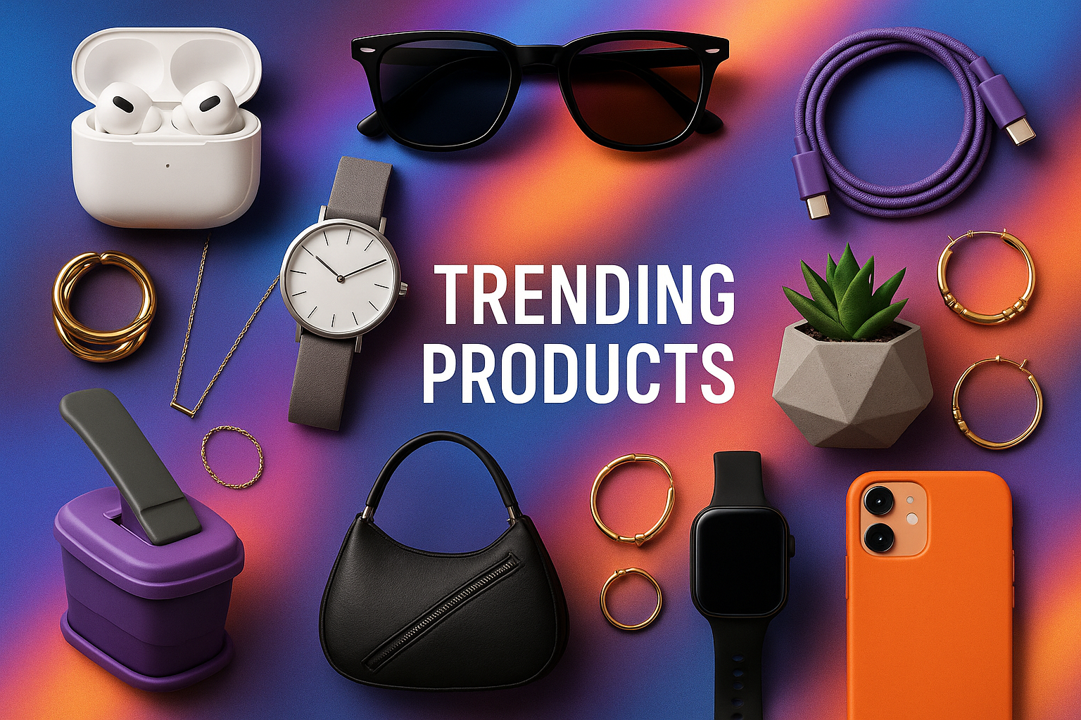 Un collage moderne et coloré de différents produits tendance : gadgets, accessoires de mode, décorations et petits objets innovants, avec un fond lumineux et dynamique, style marketing e-commerce, haute qualité, attractif.